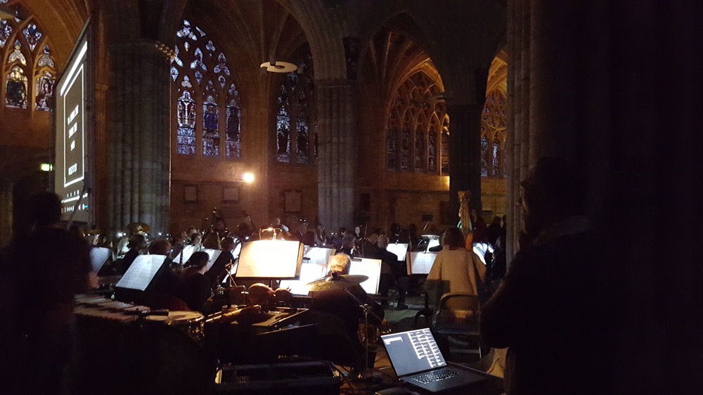 Mike Eden (Somme tour projectionist) projected all 3 screenings - here he is in the rehearsal at Exeter Cathedral