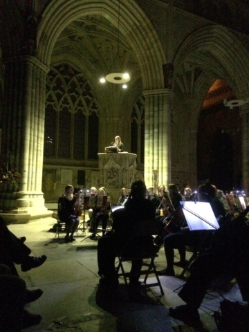 Composer Laura Rossi giving a pre-concert talk at Exeter Cathedral: